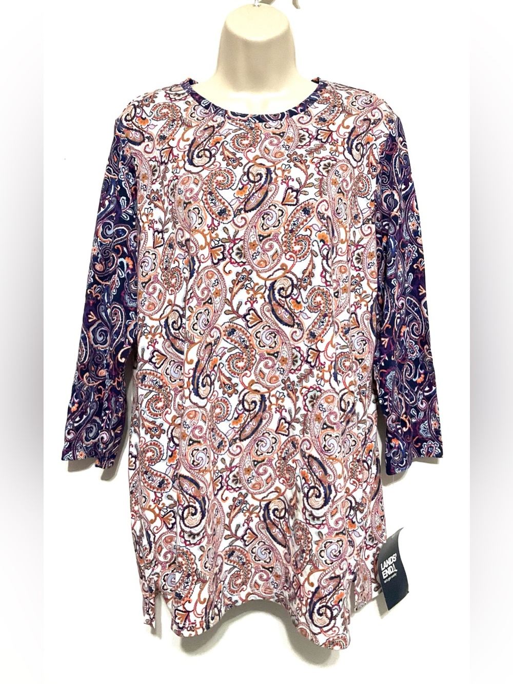 Lands’ End let’s get comfy large cotton top. Multicolor paisley print. 3/4 sleev
